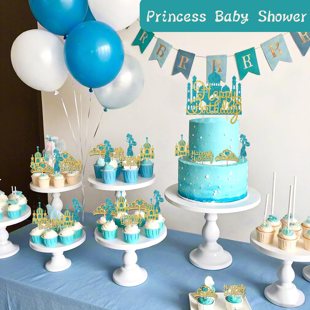 Wootkey Lake Blue Princess Cake Toppers – Glitter Castle Picks for Birthday Parties