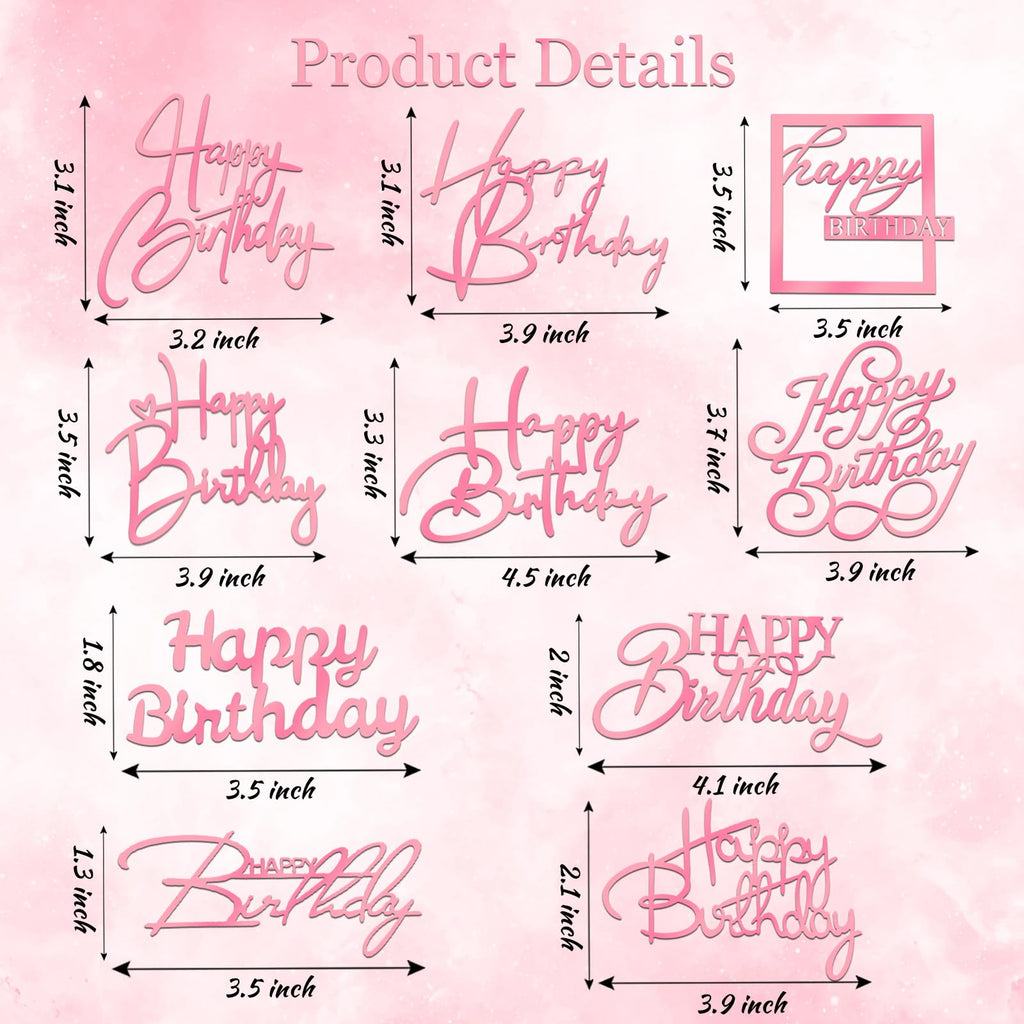 Wootkey 10 Pcs Pink Mirror Acrylic Happy Birthday Cake Toppers - Double-Sided Party Decorations