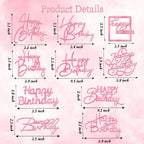 Wootkey 10 Pcs Pink Mirror Acrylic Happy Birthday Cake Toppers - Double-Sided Party Decorations