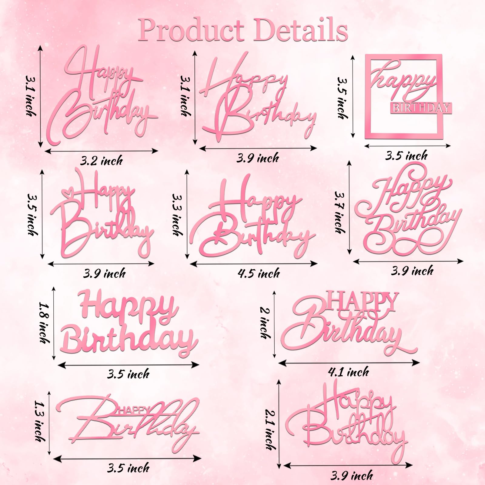 Wootkey 10 Pcs Pink Mirror Acrylic Happy Birthday Cake Toppers - Double-Sided Party Decorations