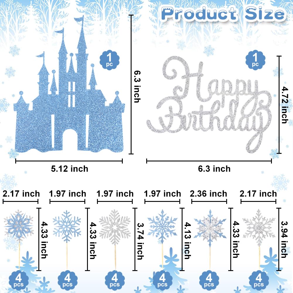 Wootkey 26Pcs Ice Castle Cake Toppers – Silver Blue Snowflake Decor for Winter Wonderland & Birthday Parties