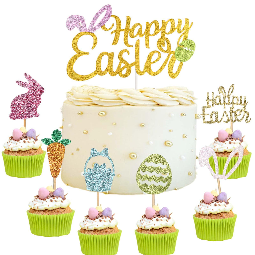 Wootkey 25-Piece Happy Easter Cake Topper Glitter Set – Easter Cupcake Toppers for Spring Parties