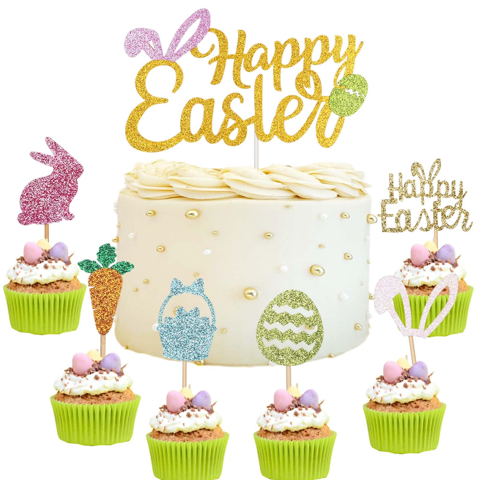 Wootkey 25-Piece Happy Easter Cake Topper Glitter Set – Easter Cupcake Toppers for Spring Parties