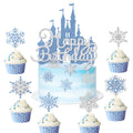 Wootkey 26Pcs Ice Castle Cake Toppers – Silver Blue Snowflake Decor for Winter Wonderland & Birthday Parties