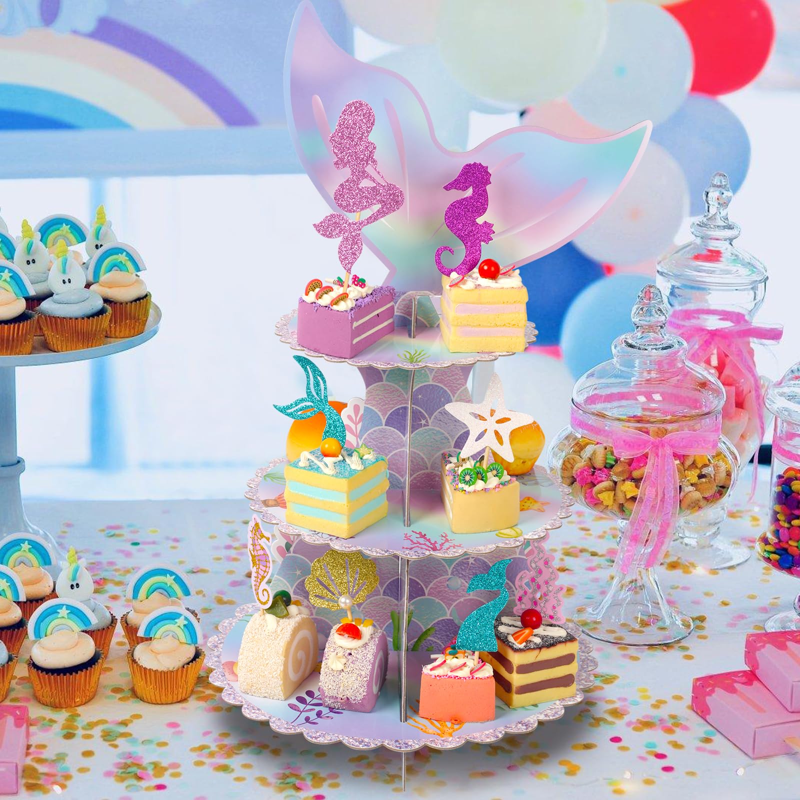 Wootkey Glitter Mermaid Cupcake Toppers – 36 Pcs Ocean Birthday Cake Decorations