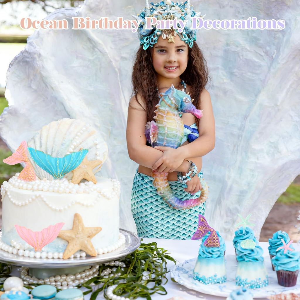 Wootkey 16Pcs Mermaid Cake Topper Set – Tails, Seaweed & Shells for Ocean Theme Cakes
