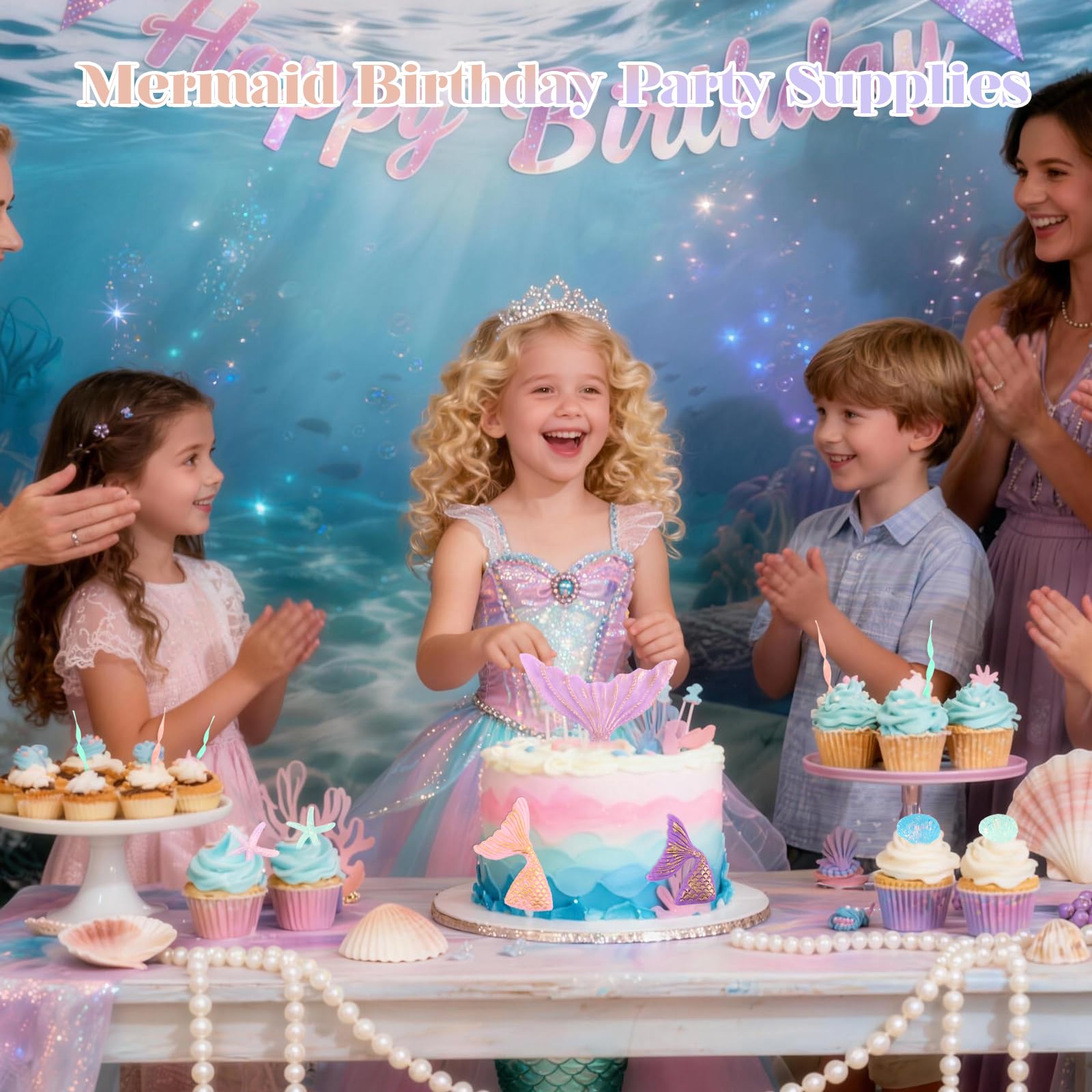 Wootkey 16Pcs Mermaid Cake Topper Set – Tails, Seaweed & Shells for Ocean Theme Cakes