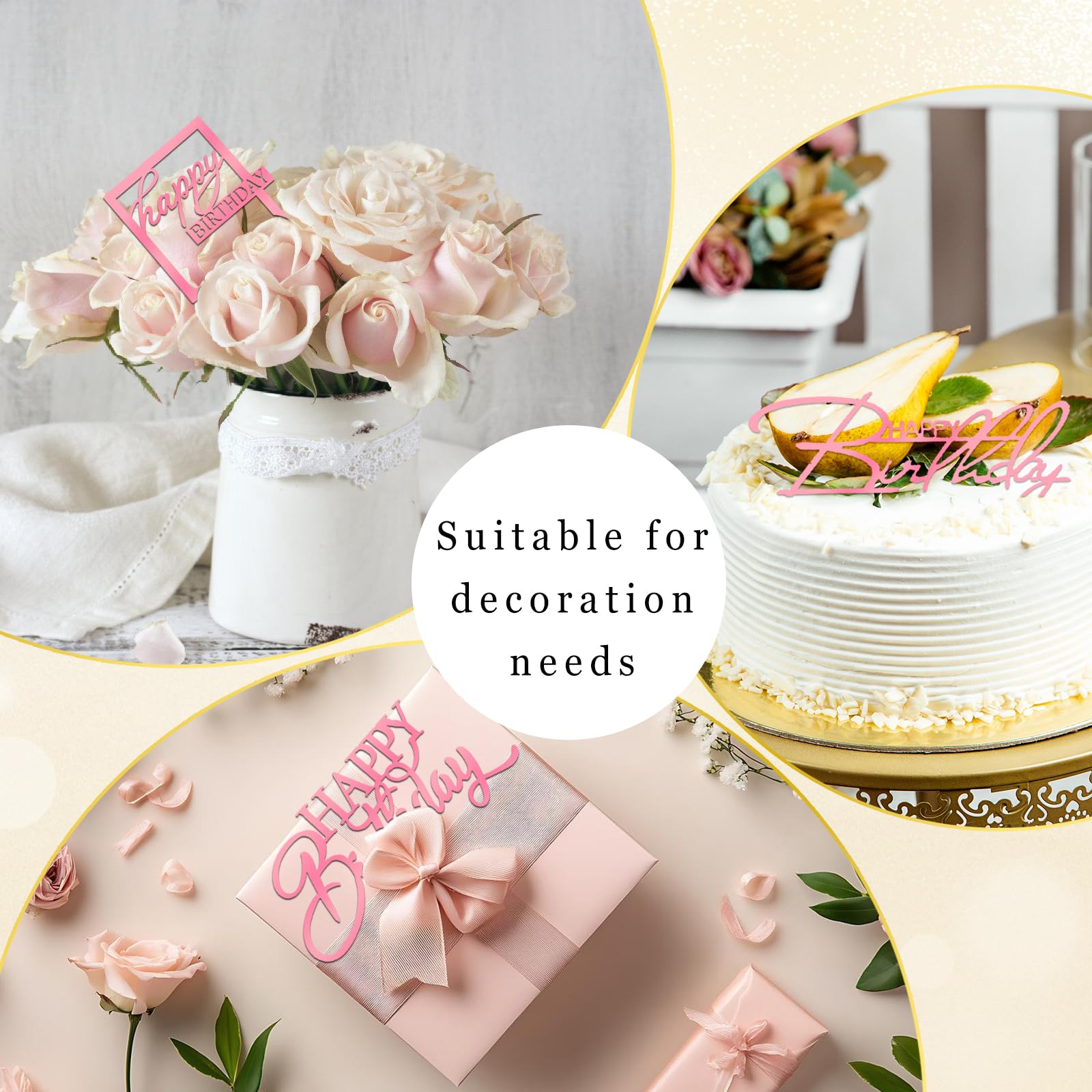 Wootkey 10 Pcs Pink Mirror Acrylic Happy Birthday Cake Toppers - Double-Sided Party Decorations