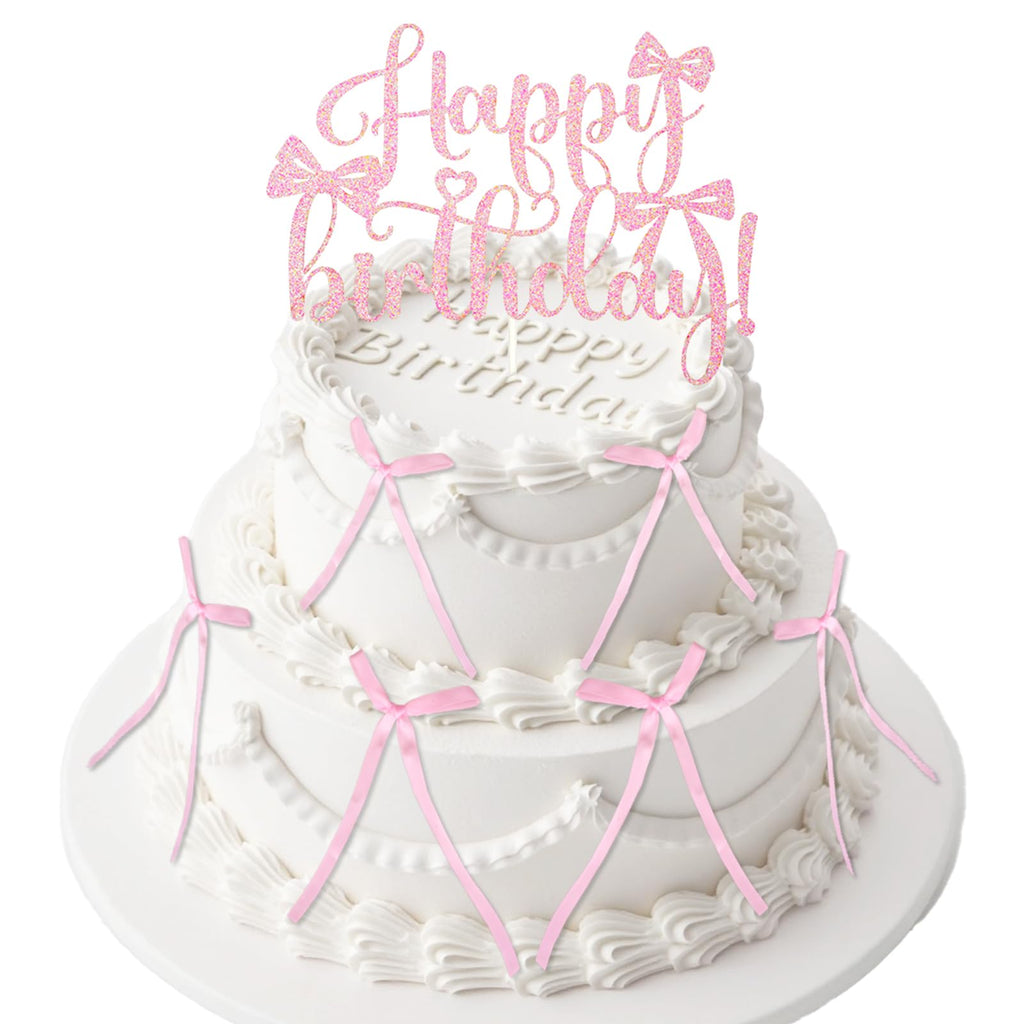 Wootkey Pink Bow Cake Toppers 6-Pack + Gold Happy Birthday Sign | Coquette Birthday Decor