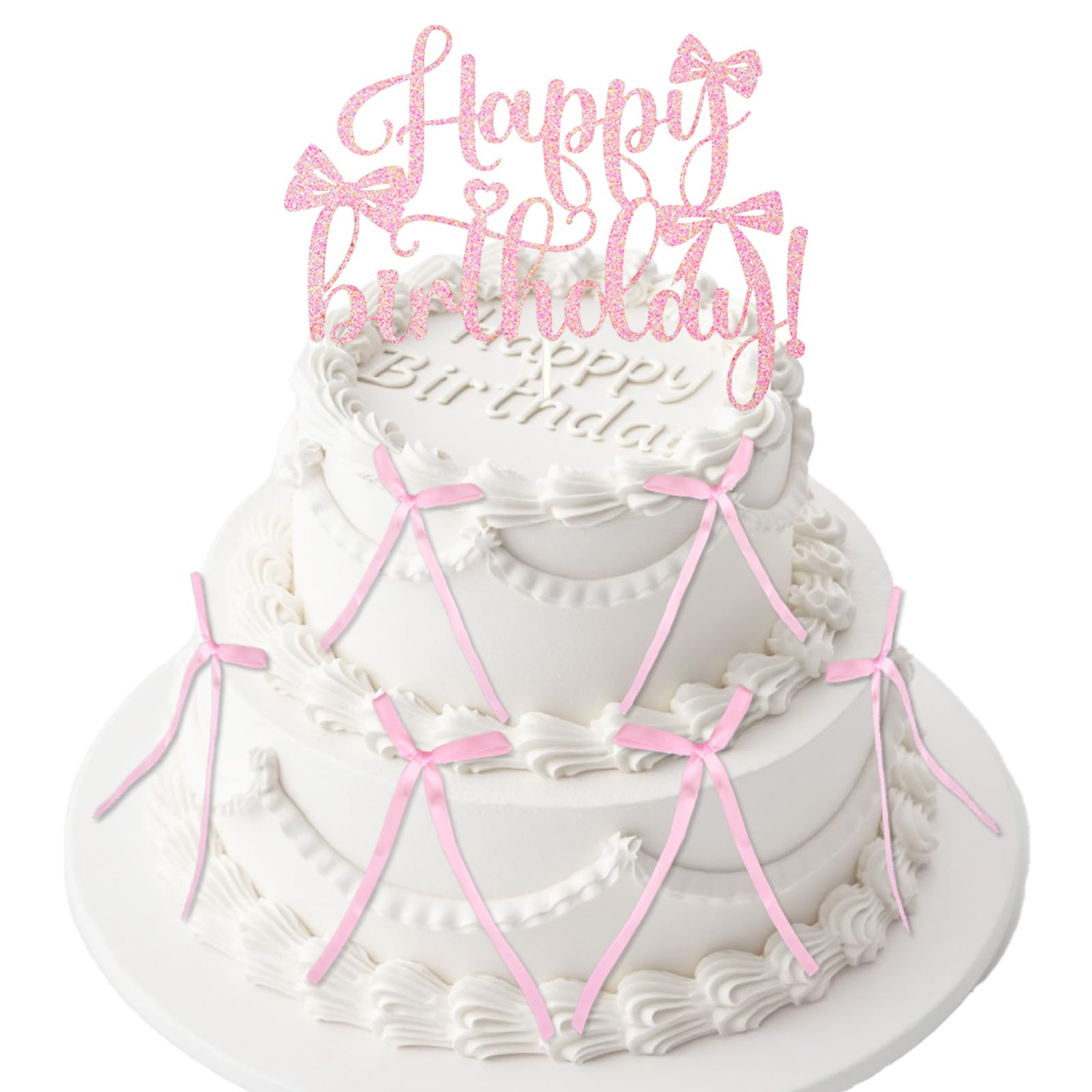 Wootkey Pink Bow Cake Toppers 6-Pack + Gold Happy Birthday Sign | Coquette Birthday Decor
