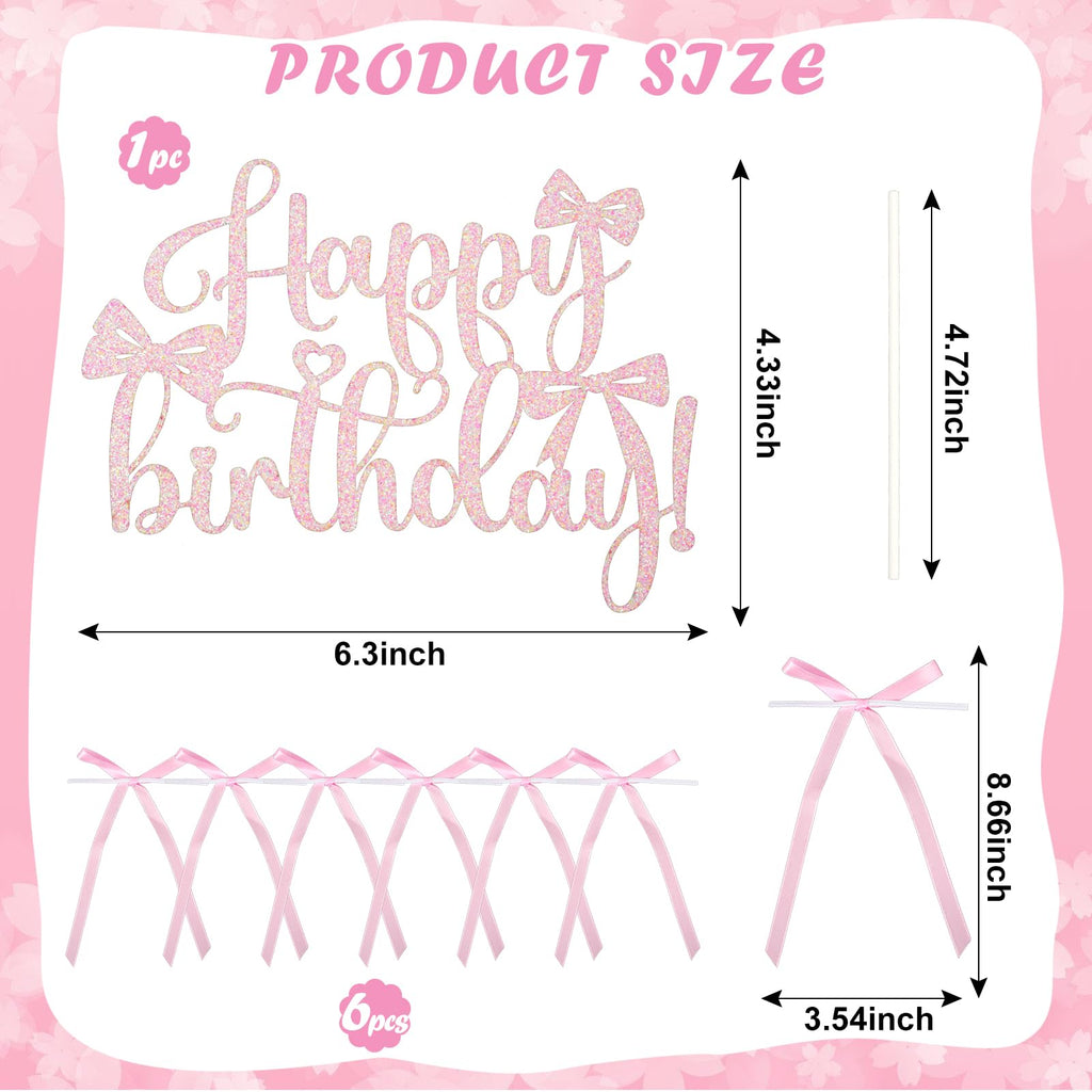 Wootkey Pink Bow Cake Toppers 6-Pack + Gold Happy Birthday Sign | Coquette Birthday Decor