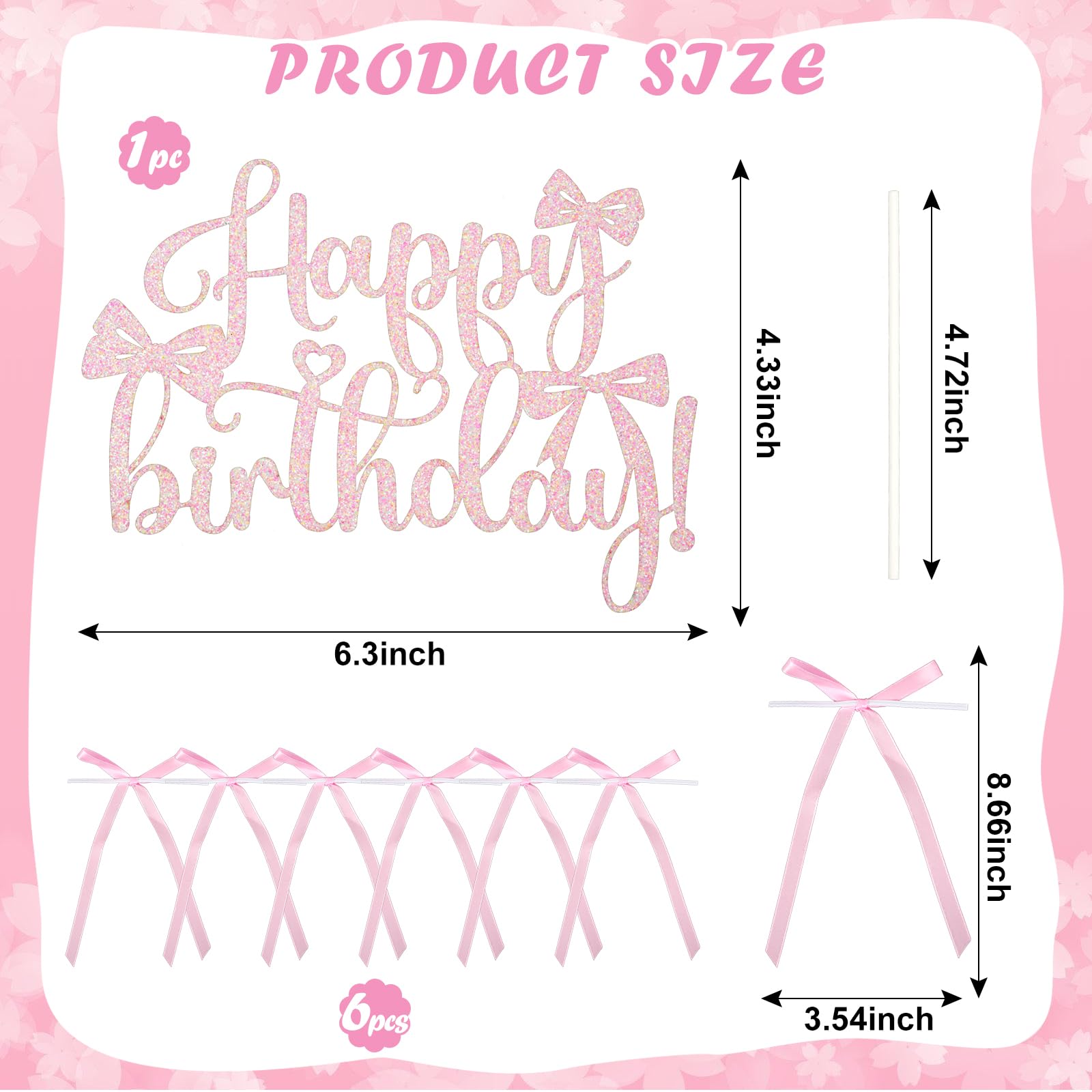 Wootkey Pink Bow Cake Toppers 6-Pack + Gold Happy Birthday Sign | Coquette Birthday Decor