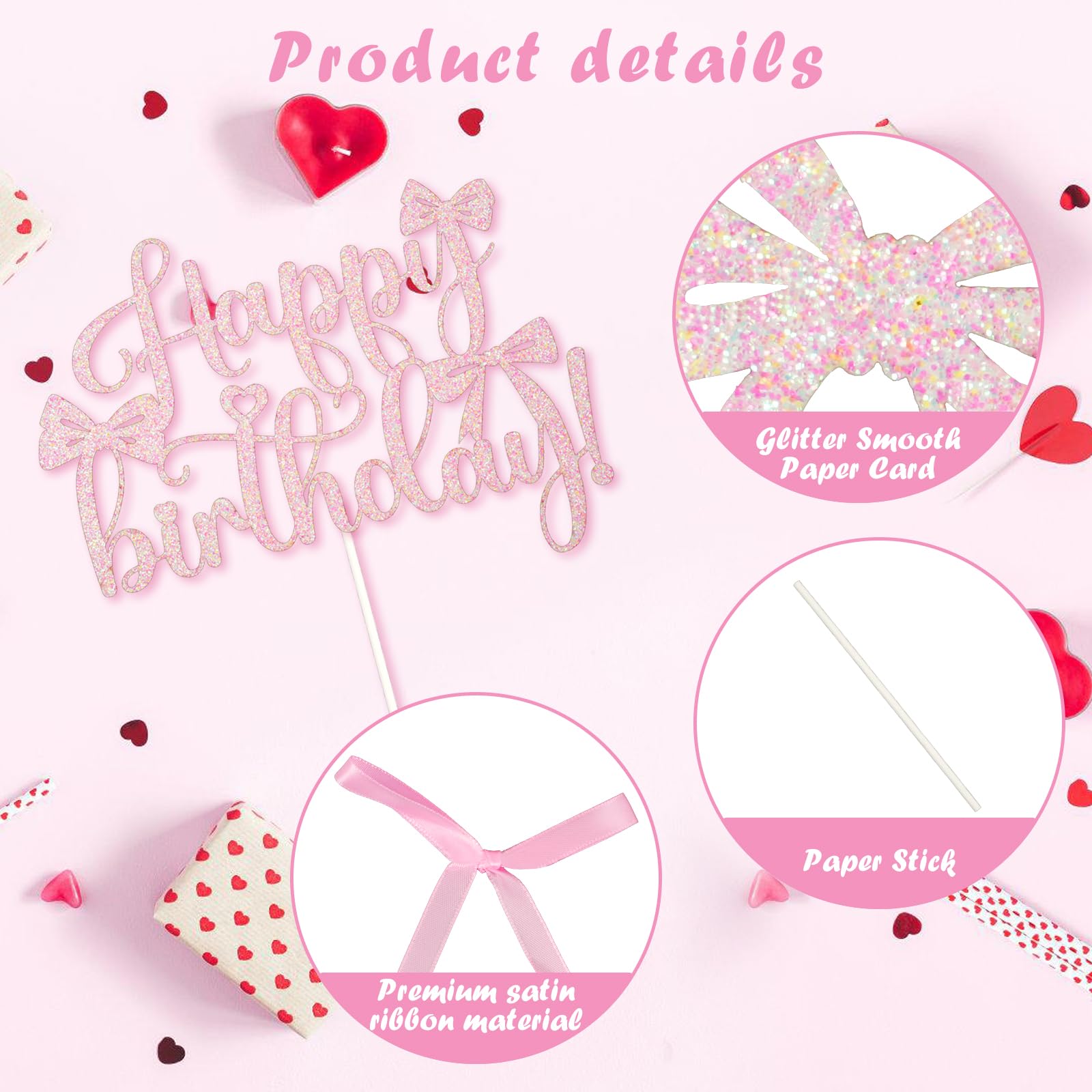 Wootkey Pink Bow Cake Toppers 6-Pack + Gold Happy Birthday Sign | Coquette Birthday Decor