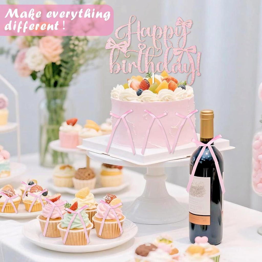 Wootkey Pink Bow Cake Toppers 6-Pack + Gold Happy Birthday Sign | Coquette Birthday Decor