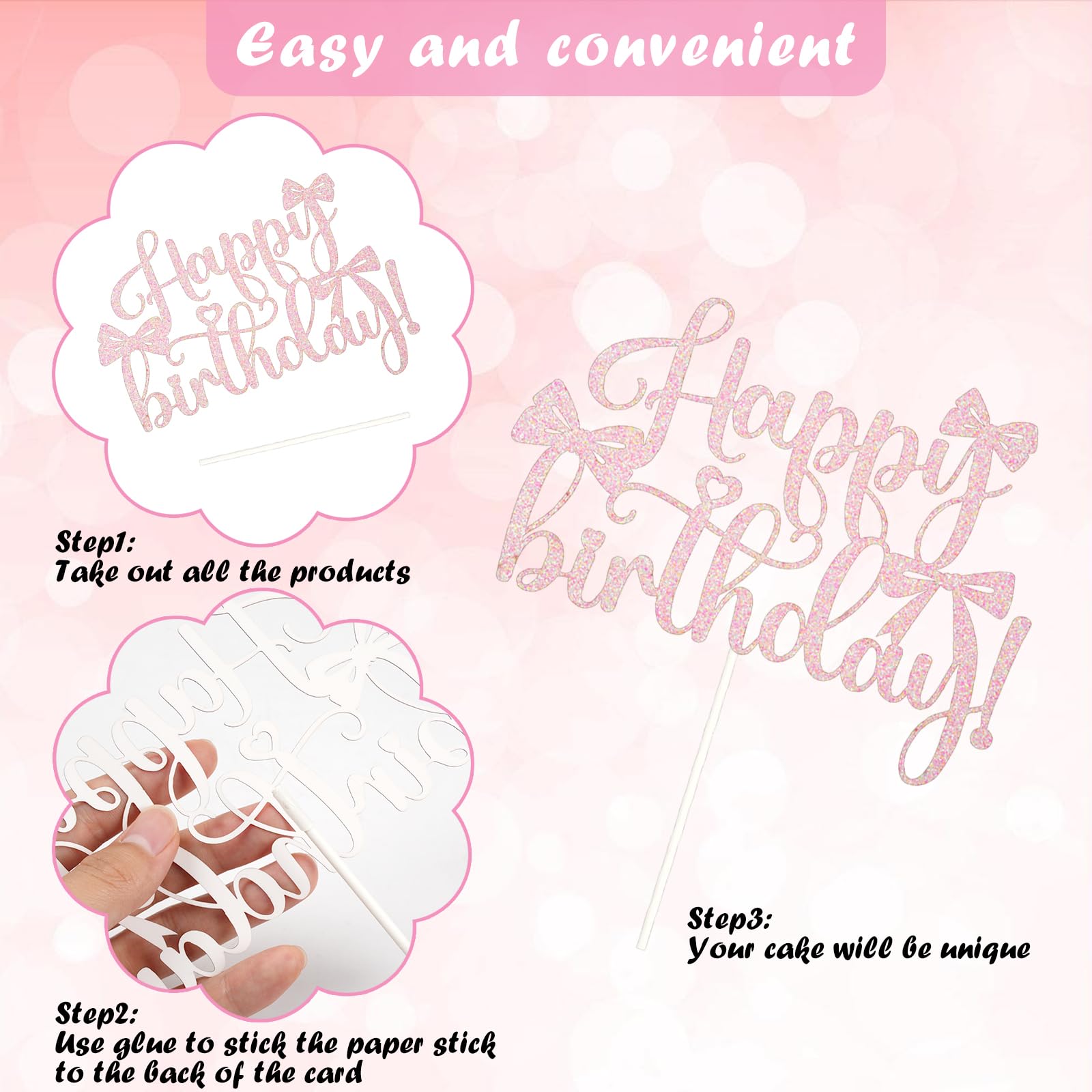 Wootkey Pink Bow Cake Toppers 6-Pack + Gold Happy Birthday Sign | Coquette Birthday Decor