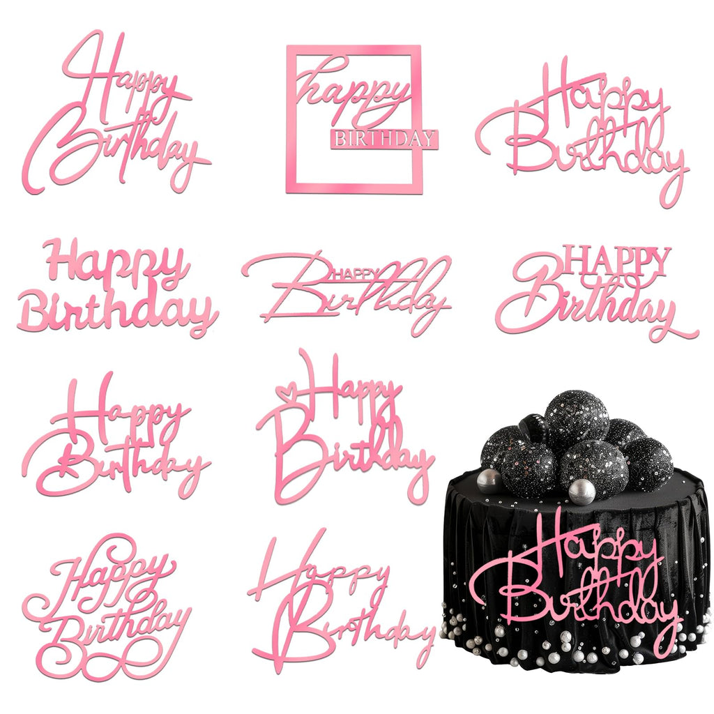 Wootkey 10 Pcs Pink Mirror Acrylic Happy Birthday Cake Toppers - Double-Sided Party Decorations