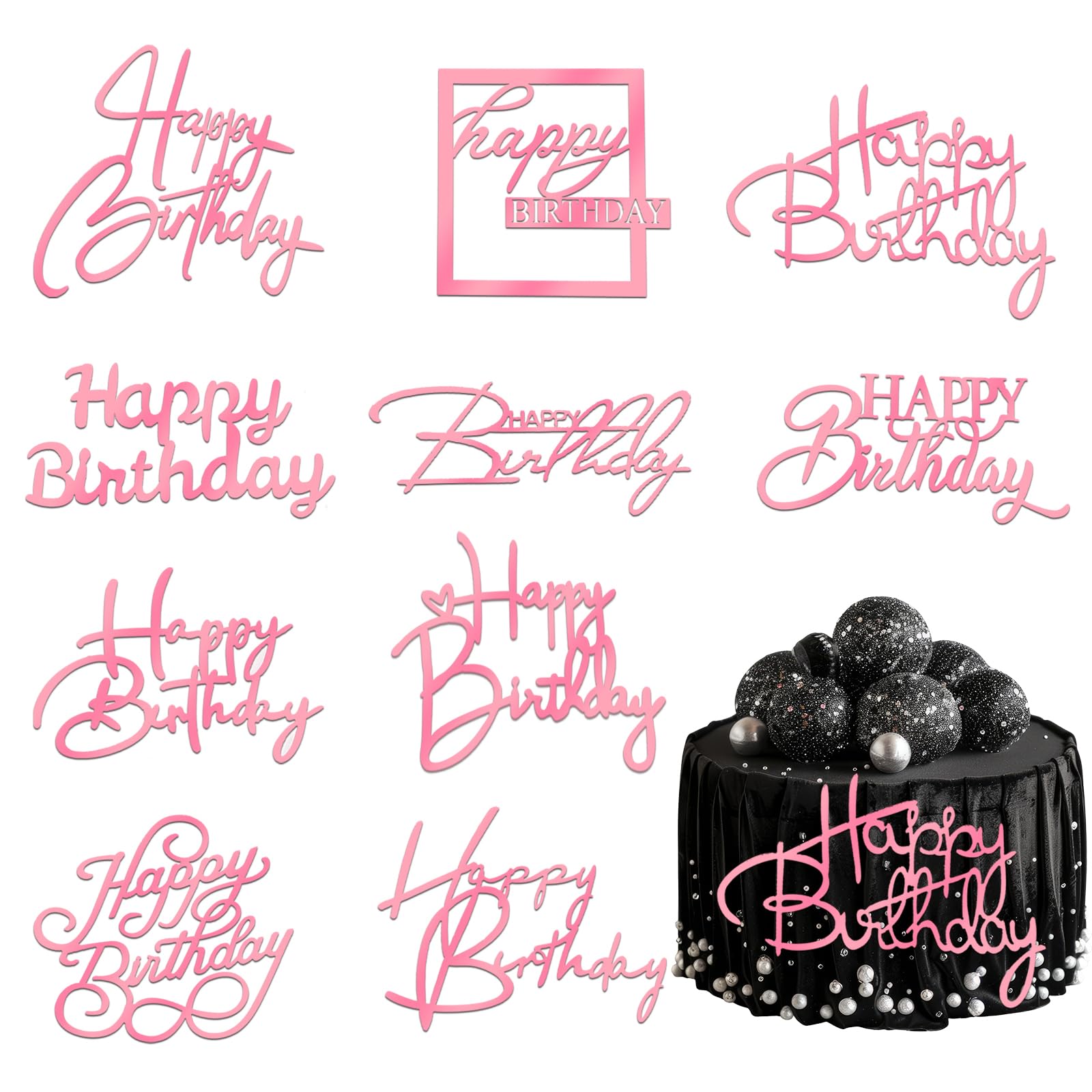 Wootkey 10 Pcs Pink Mirror Acrylic Happy Birthday Cake Toppers - Double-Sided Party Decorations