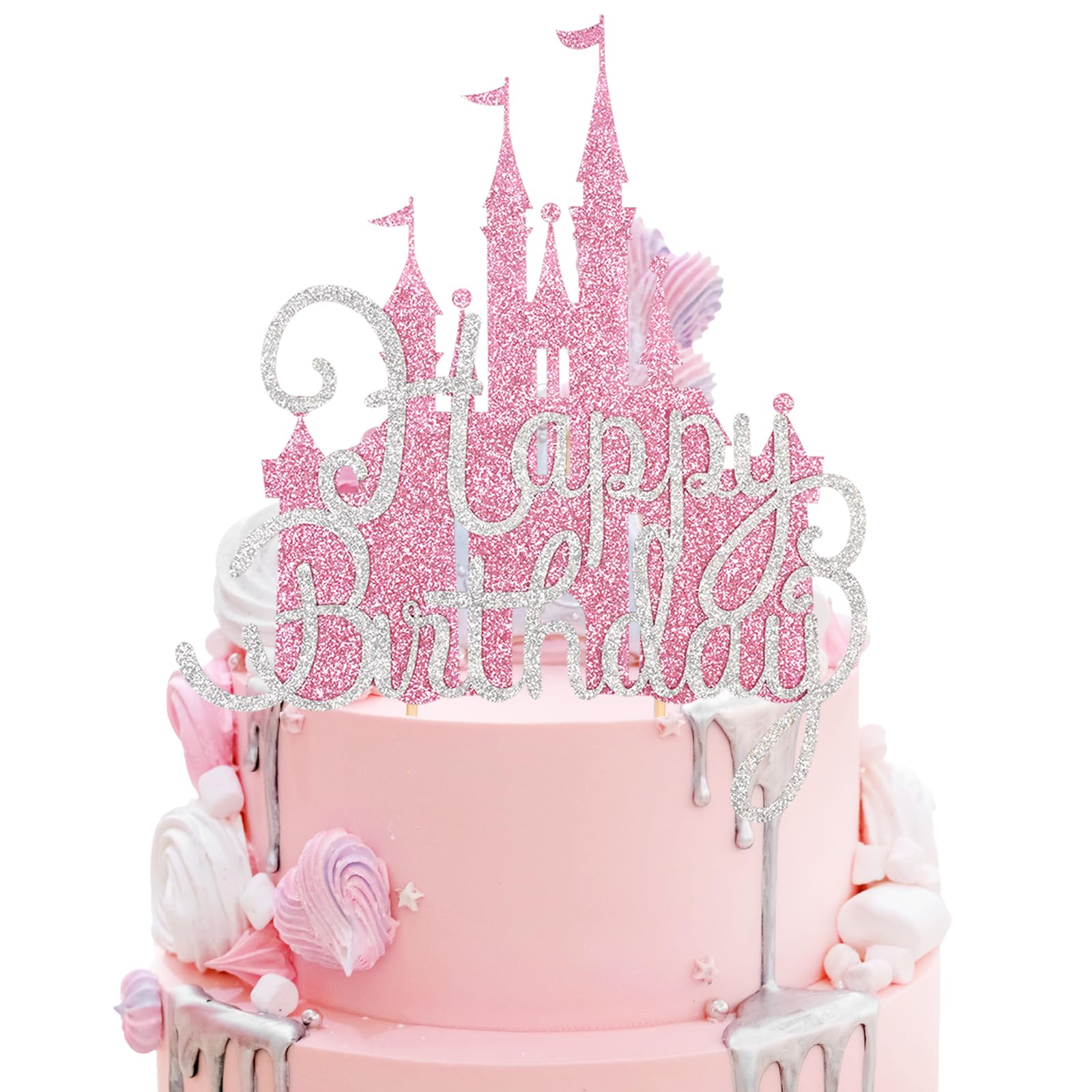 Wootkey 2Pcs Pink Princess Cake Toppers – Glitter Castle Birthday Party Decor