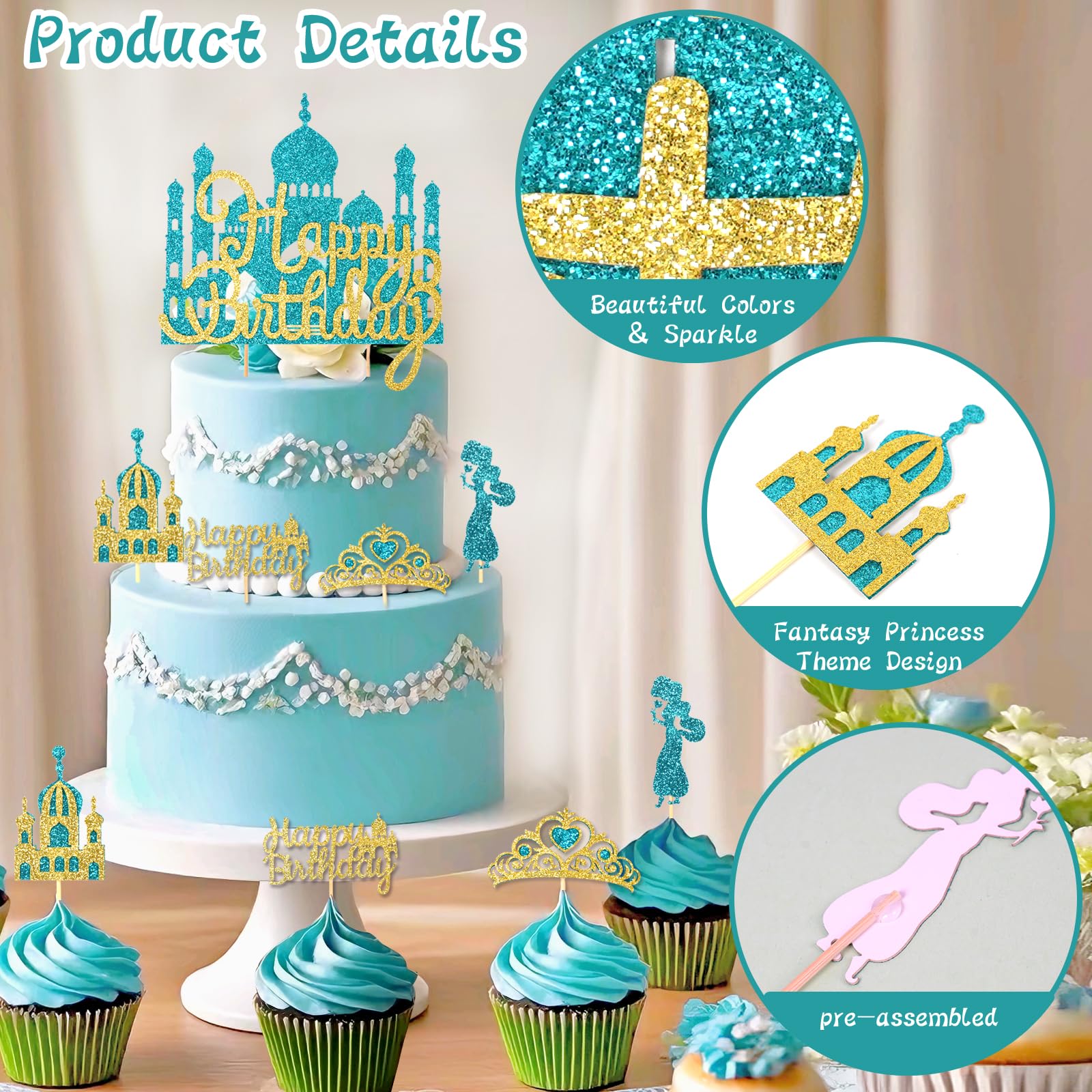 Wootkey Lake Blue Princess Cake Toppers – Glitter Castle Picks for Birthday Parties