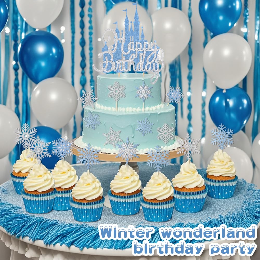 Wootkey 26Pcs Ice Castle Cake Toppers – Silver Blue Snowflake Decor for Winter Wonderland & Birthday Parties