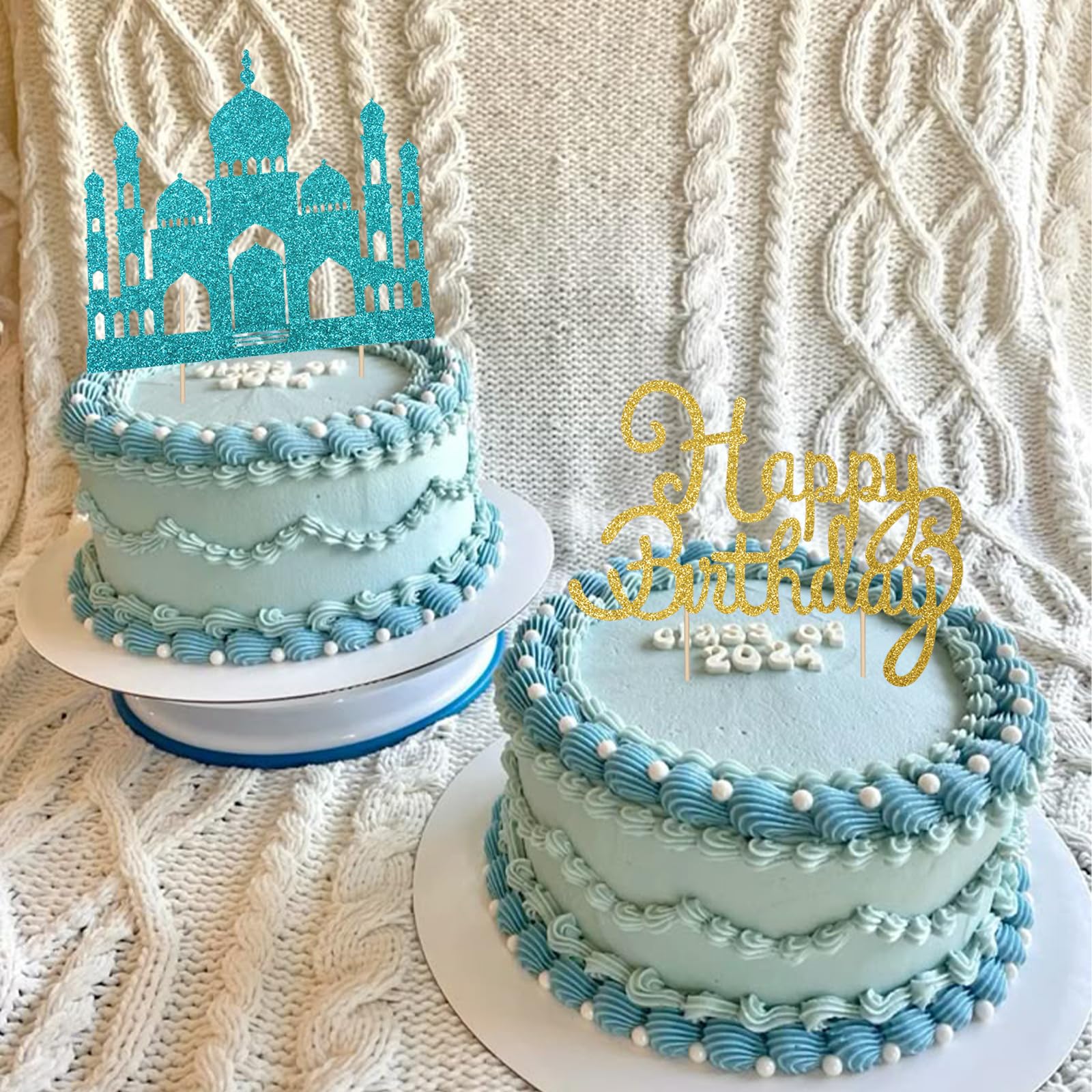 Wootkey Lake Blue Princess Cake Toppers – Glitter Castle Picks for Birthday Parties