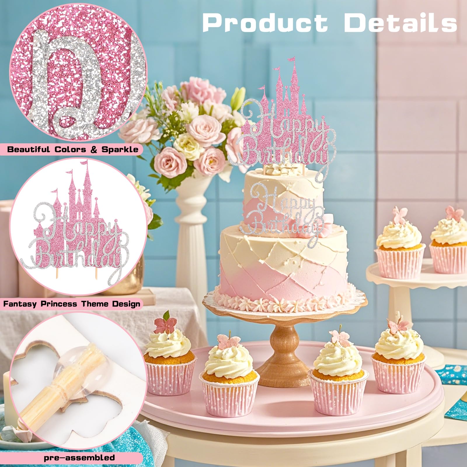 Wootkey 2Pcs Pink Princess Cake Toppers – Glitter Castle Birthday Party Decor