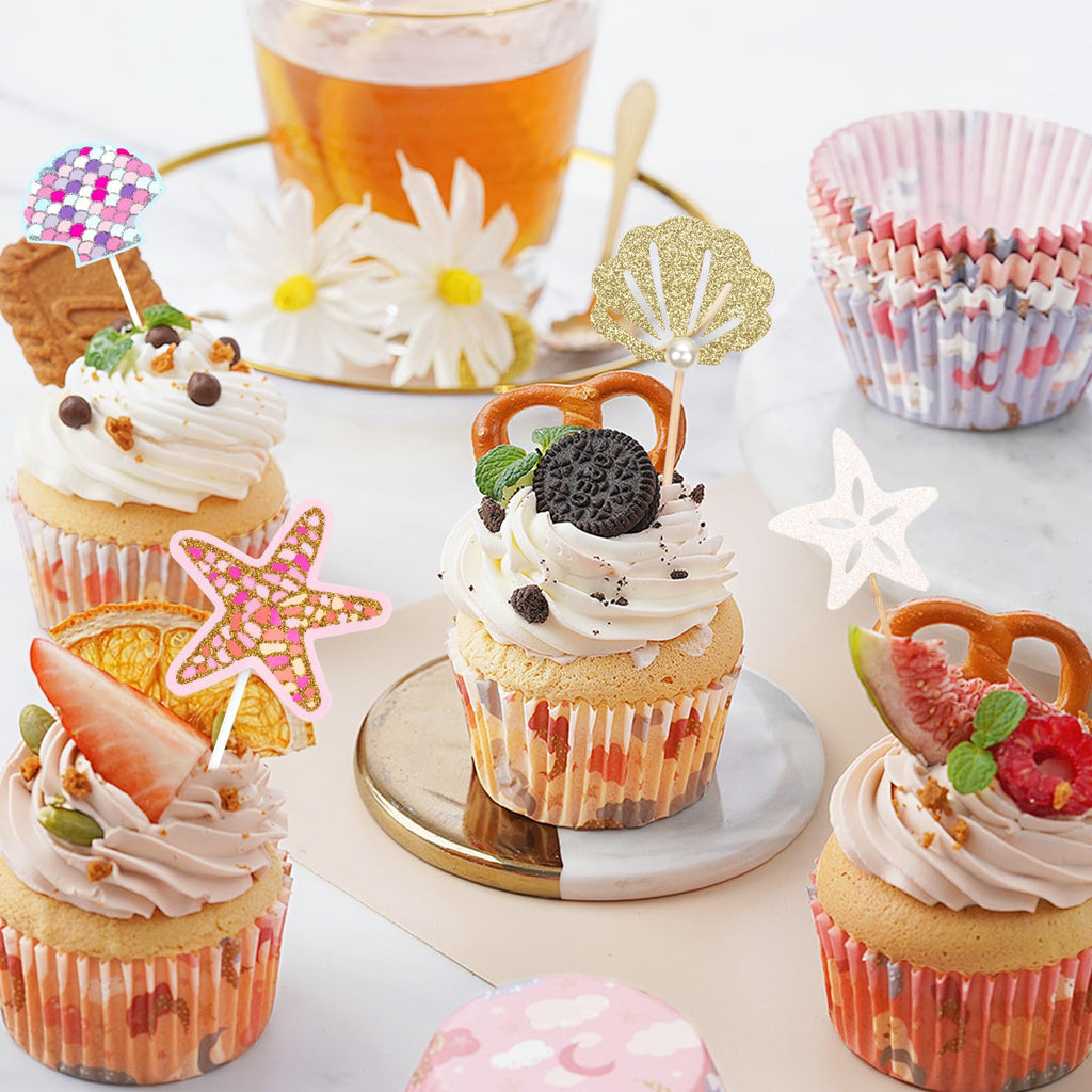 Wootkey Glitter Mermaid Cupcake Toppers – 36 Pcs Ocean Birthday Cake Decorations