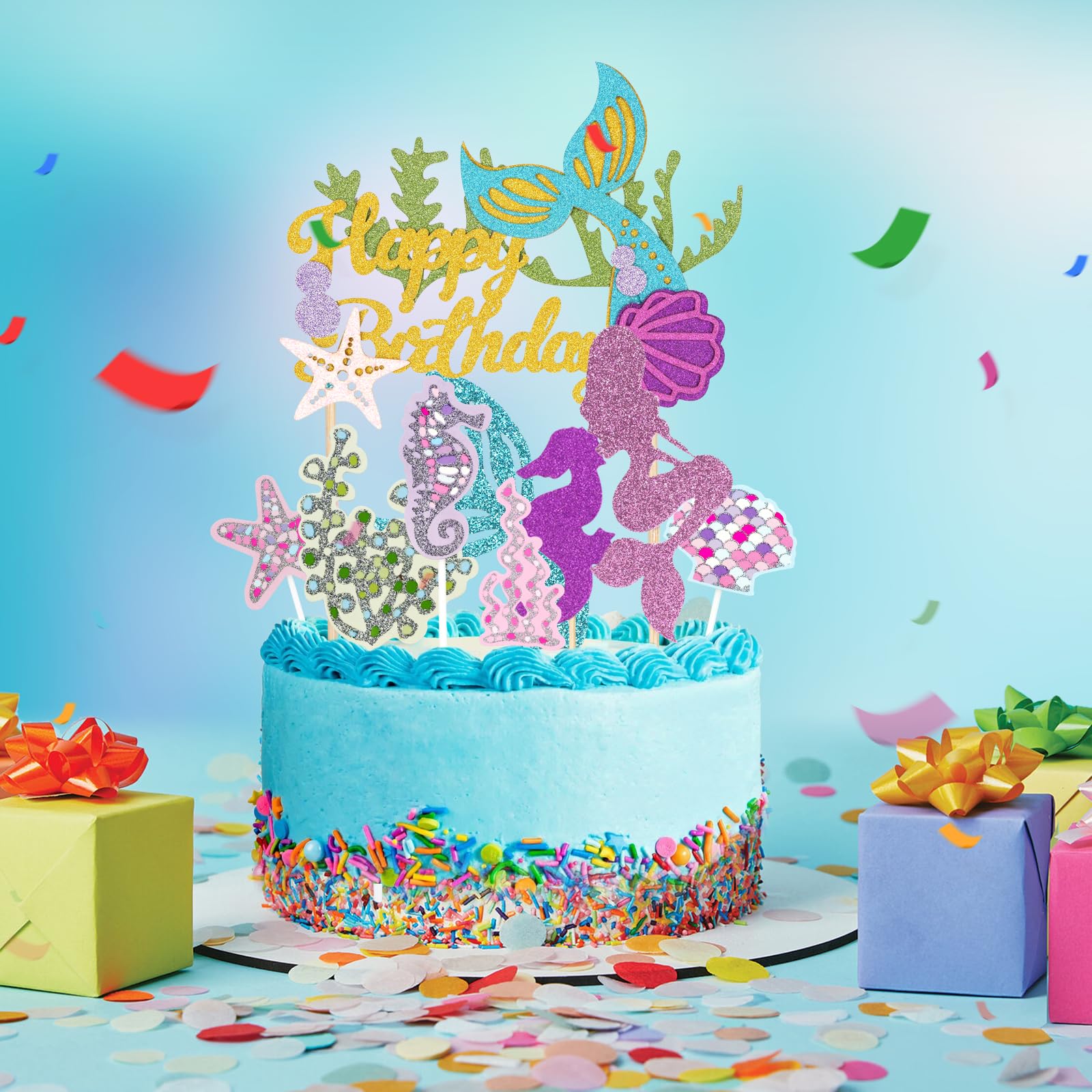 Wootkey Glitter Mermaid Cupcake Toppers – 36 Pcs Ocean Birthday Cake Decorations