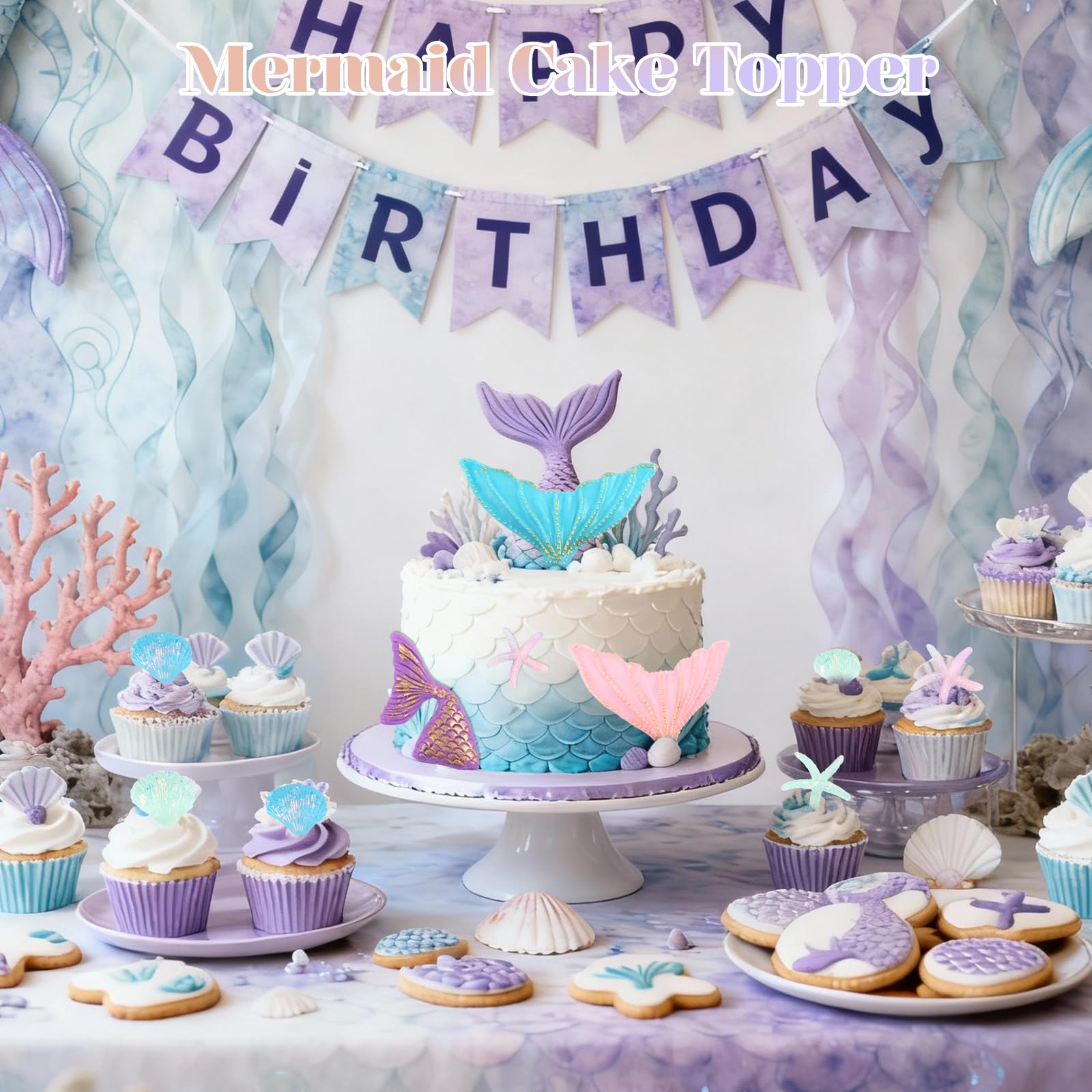 Wootkey 16Pcs Mermaid Cake Topper Set – Tails, Seaweed & Shells for Ocean Theme Cakes