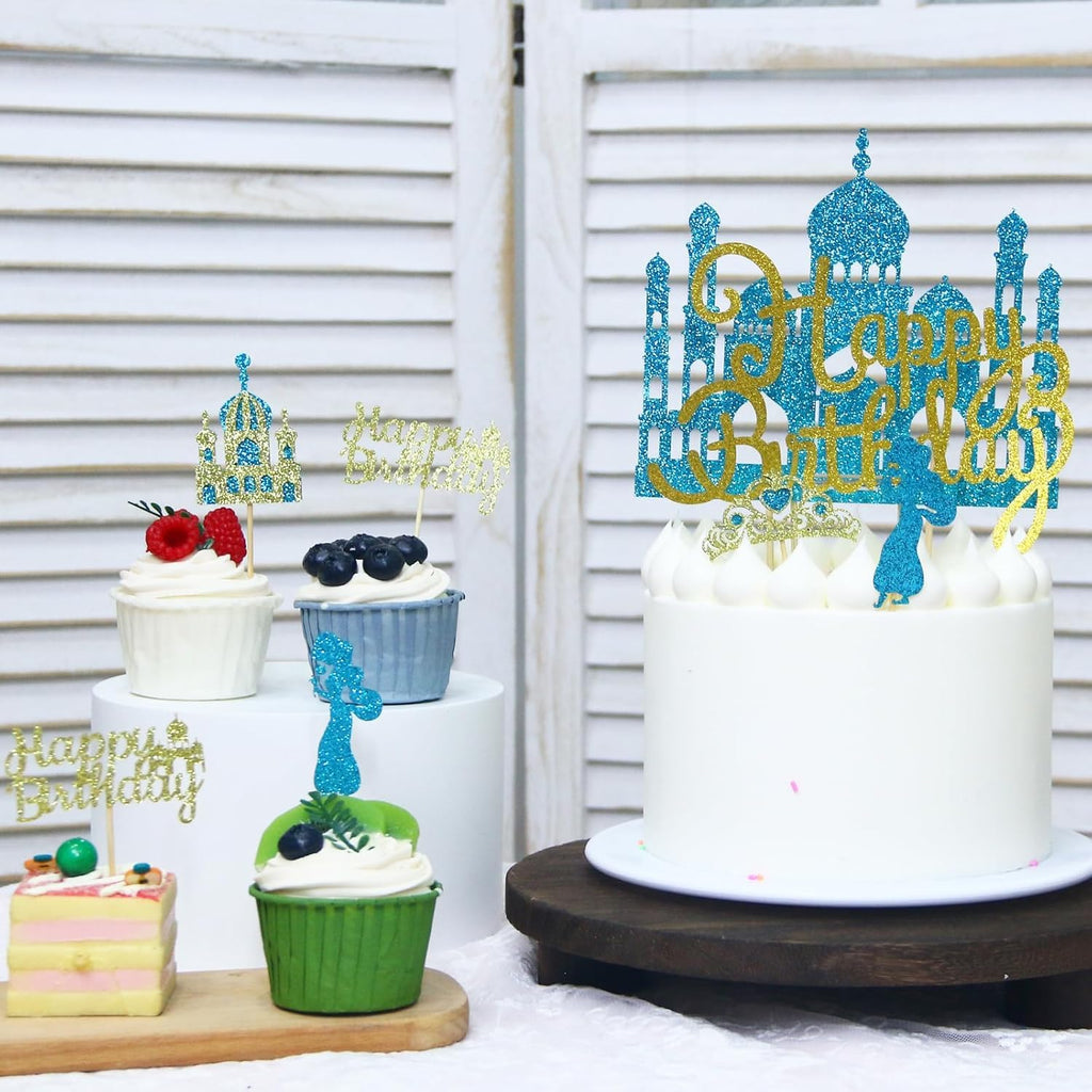 Wootkey Lake Blue Princess Cake Toppers – Glitter Castle Picks for Birthday Parties