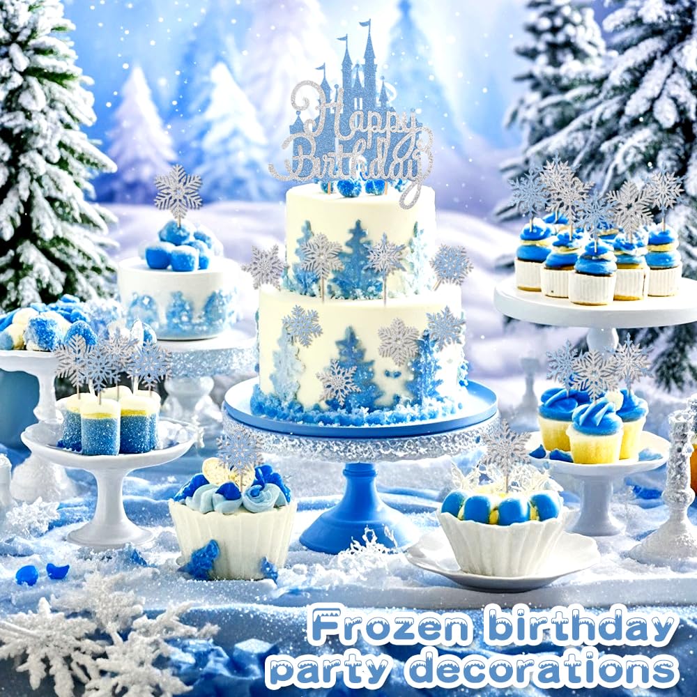 Wootkey 26Pcs Ice Castle Cake Toppers – Silver Blue Snowflake Decor for Winter Wonderland & Birthday Parties