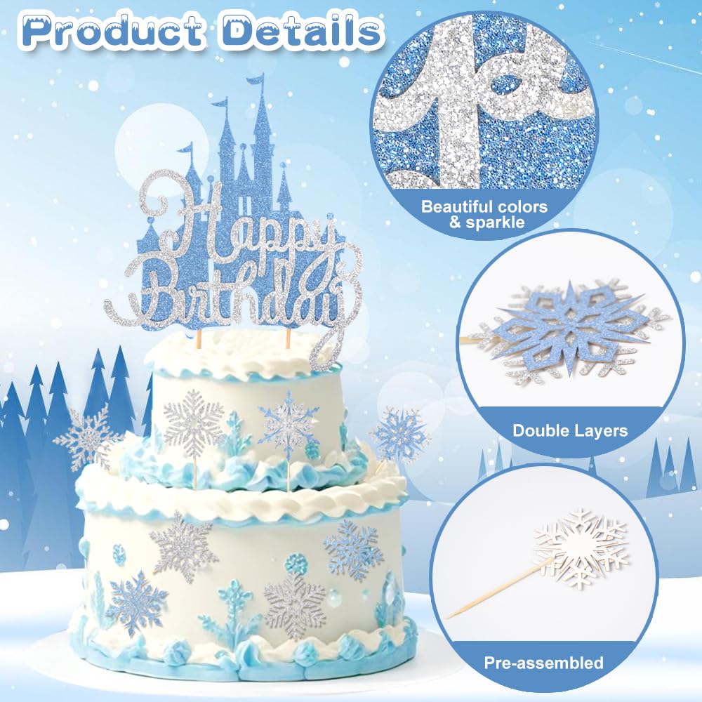 Wootkey 26Pcs Ice Castle Cake Toppers – Silver Blue Snowflake Decor for Winter Wonderland & Birthday Parties