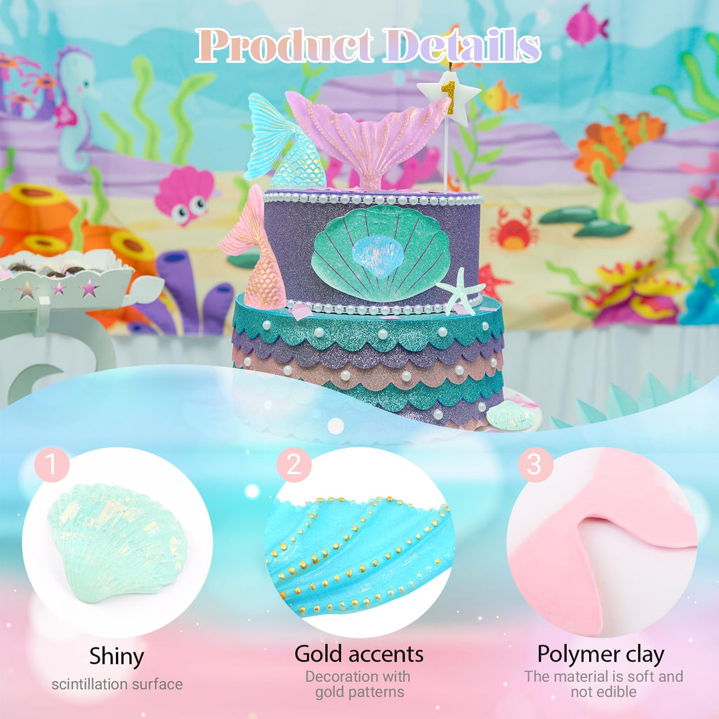 Wootkey 16Pcs Mermaid Cake Topper Set – Tails, Seaweed & Shells for Ocean Theme Cakes