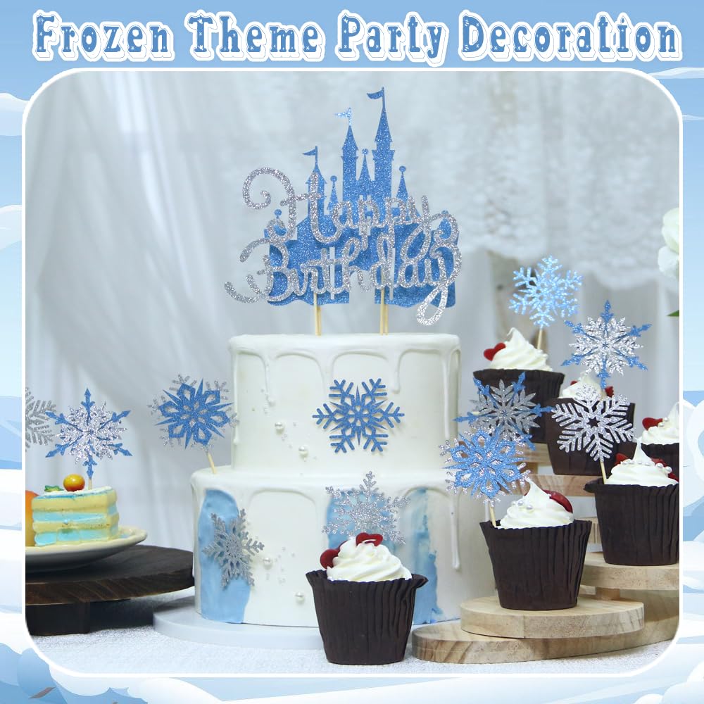 Wootkey 26Pcs Ice Castle Cake Toppers – Silver Blue Snowflake Decor for Winter Wonderland & Birthday Parties