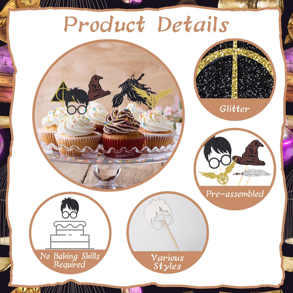 Wootkey 24 Pcs Black Wizard Cupcake Toppers – Gold Hat & Broomstick, 6 Designs