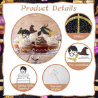 Wootkey 24 Pcs Black Wizard Cupcake Toppers – Gold Hat & Broomstick, 6 Designs