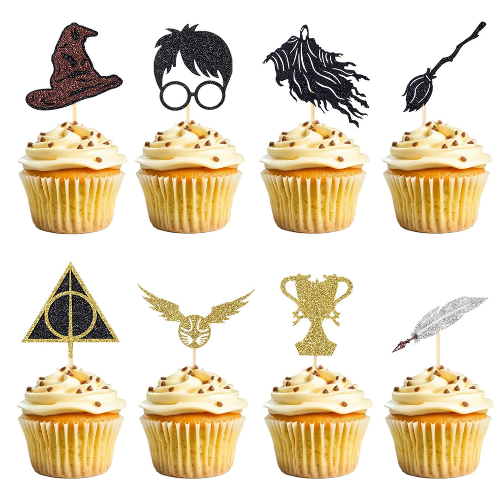 Wootkey 24 Pcs Black Wizard Cupcake Toppers – Gold Hat & Broomstick, 6 Designs