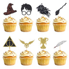 Wootkey 24 Pcs Black Wizard Cupcake Toppers – Gold Hat & Broomstick, 6 Designs