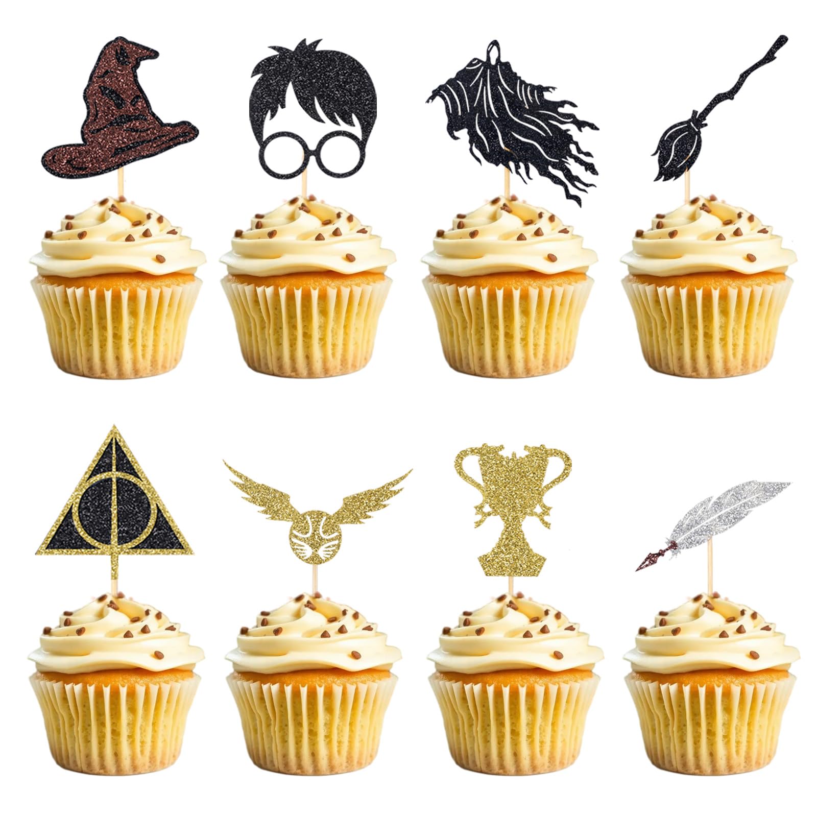 Wootkey 24 Pcs Black Wizard Cupcake Toppers – Gold Hat & Broomstick, 6 Designs