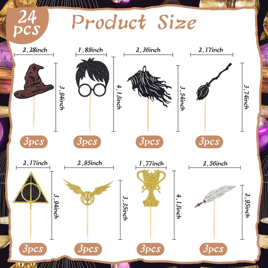 Wootkey 24 Pcs Black Wizard Cupcake Toppers – Gold Hat & Broomstick, 6 Designs