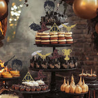 Wootkey 24 Pcs Black Wizard Cupcake Toppers – Gold Hat & Broomstick, 6 Designs
