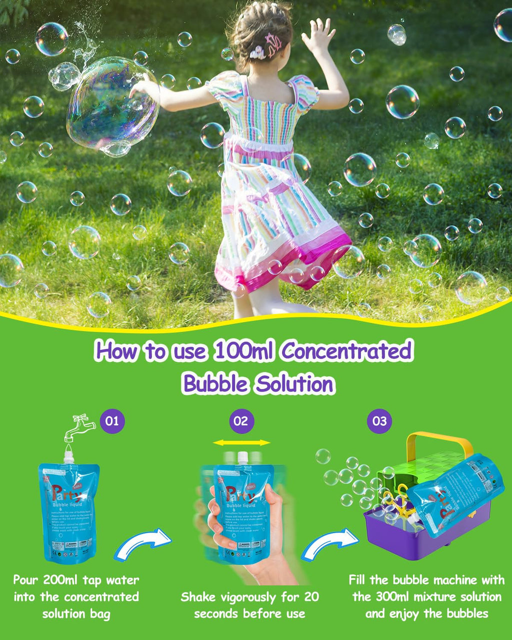 WOOYE Bubble Machine 3-in-1 Bubble Maker for Kids – 2 Speeds, 300ml Tank, Indoor/Outdoor Party Toy