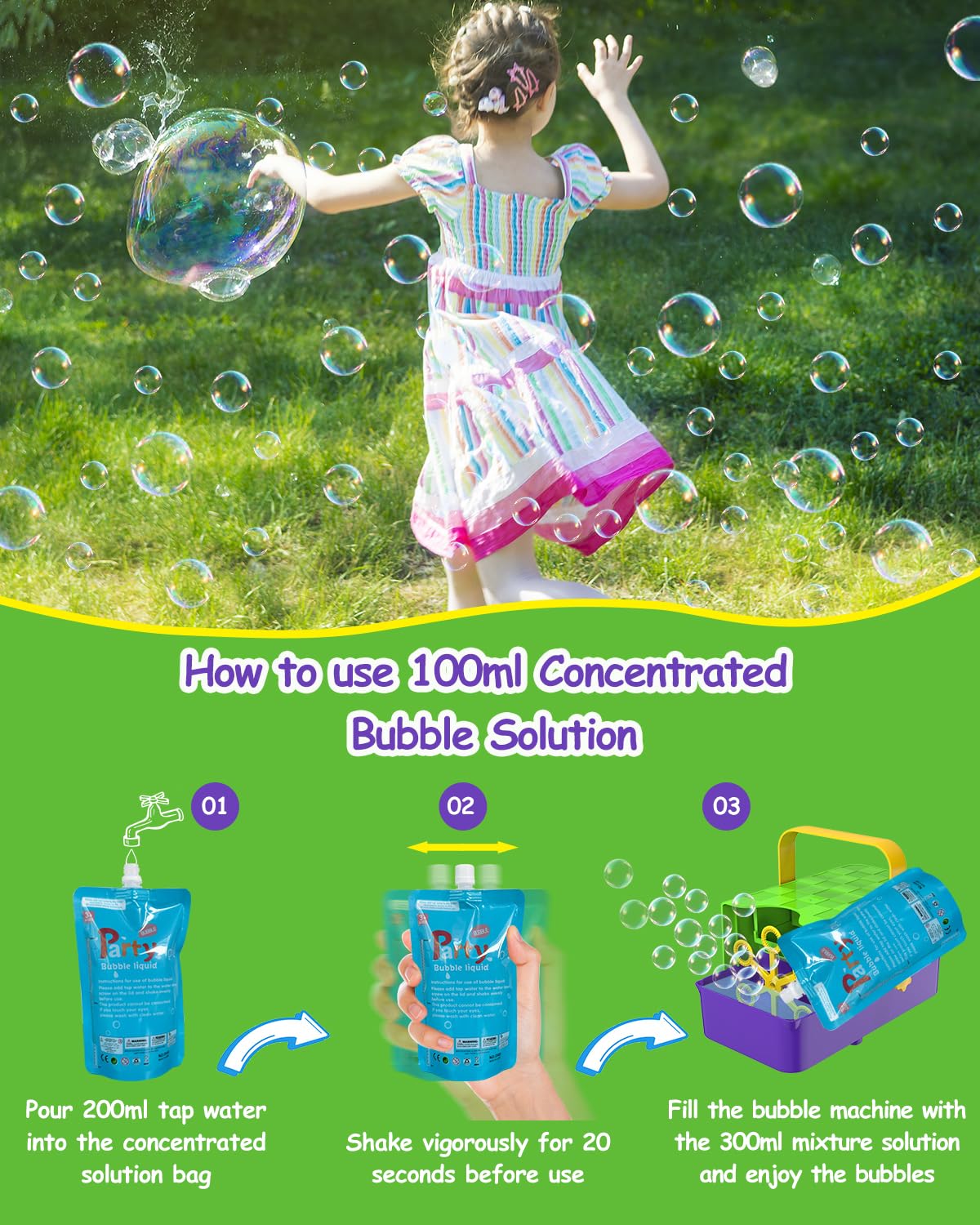 WOOYE Bubble Machine 3-in-1 Bubble Maker for Kids – 2 Speeds, 300ml Tank, Indoor/Outdoor Party Toy