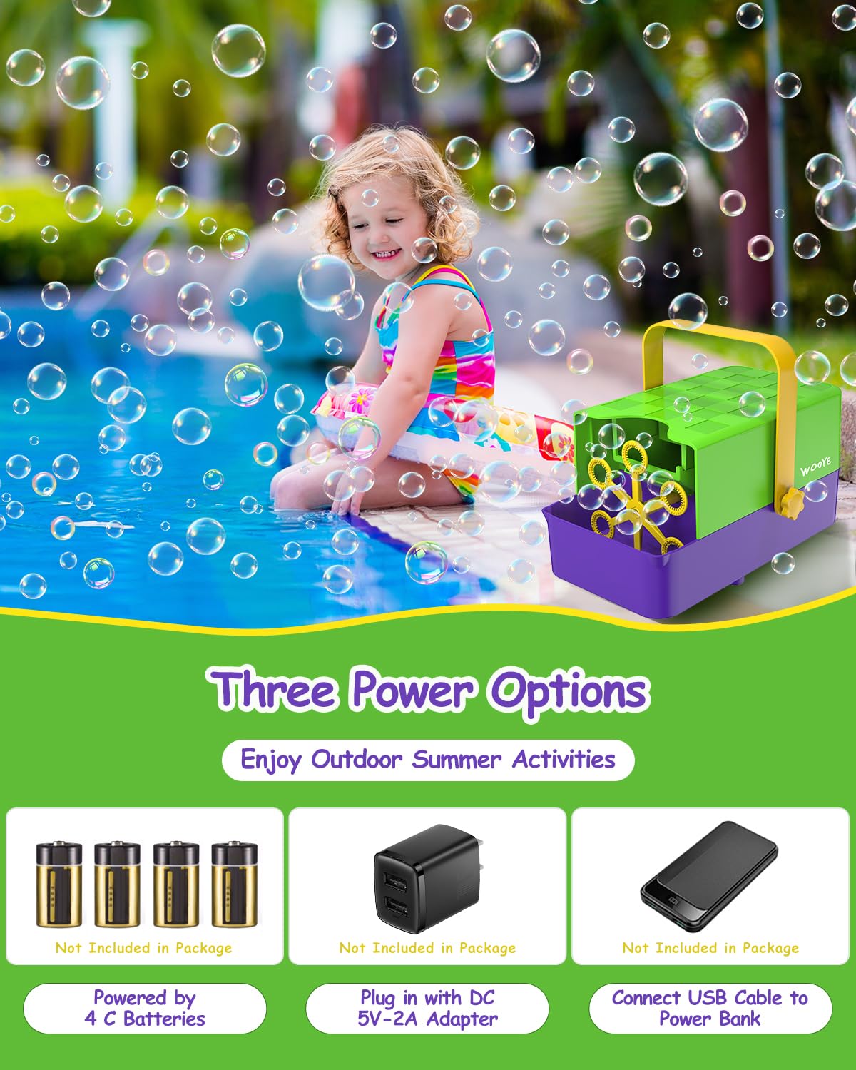 WOOYE Bubble Machine 3-in-1 Bubble Maker for Kids – 2 Speeds, 300ml Tank, Indoor/Outdoor Party Toy