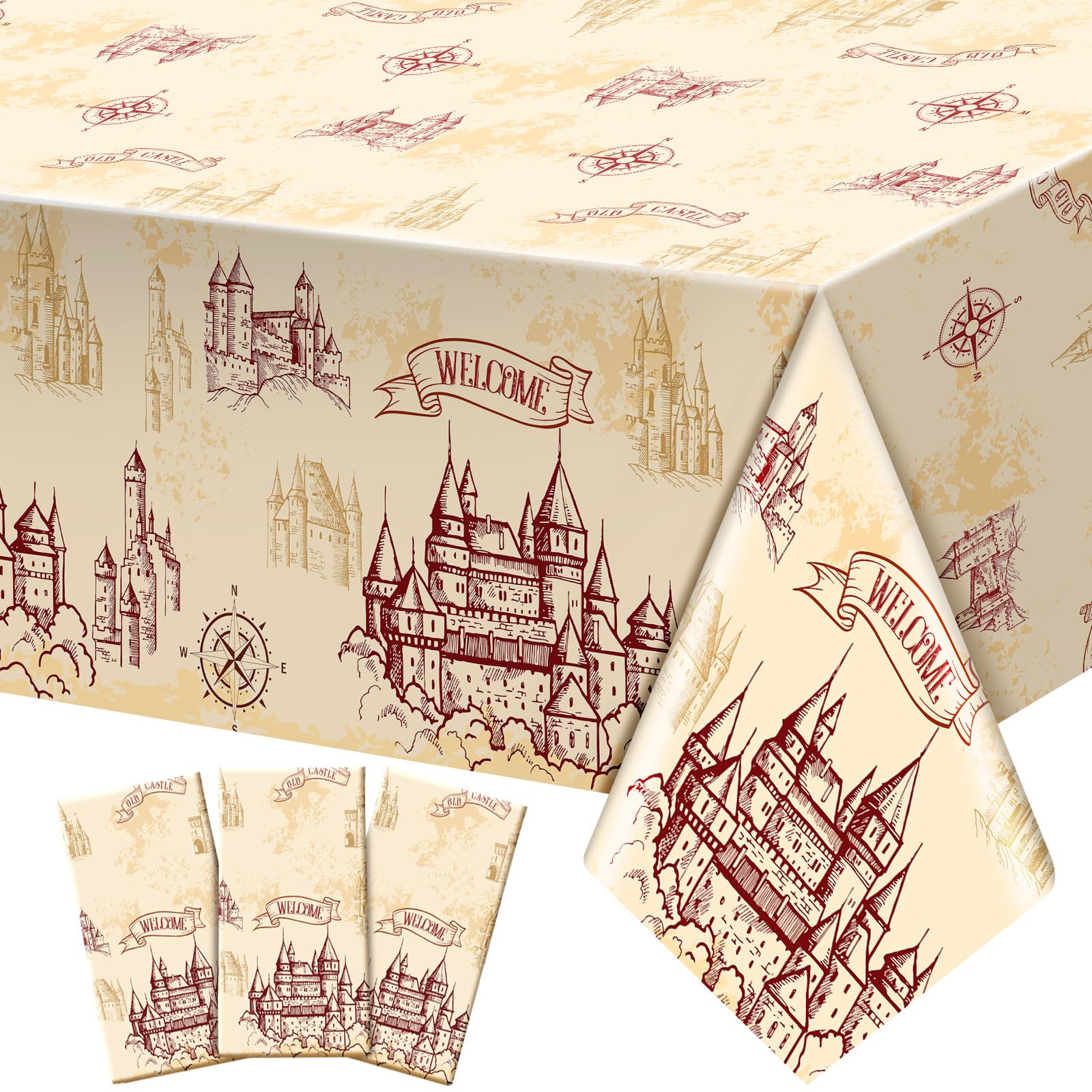 WovWeave Wizard Tablecloth 3pc Pack – Castle Pattern, Disposable Party Cover
