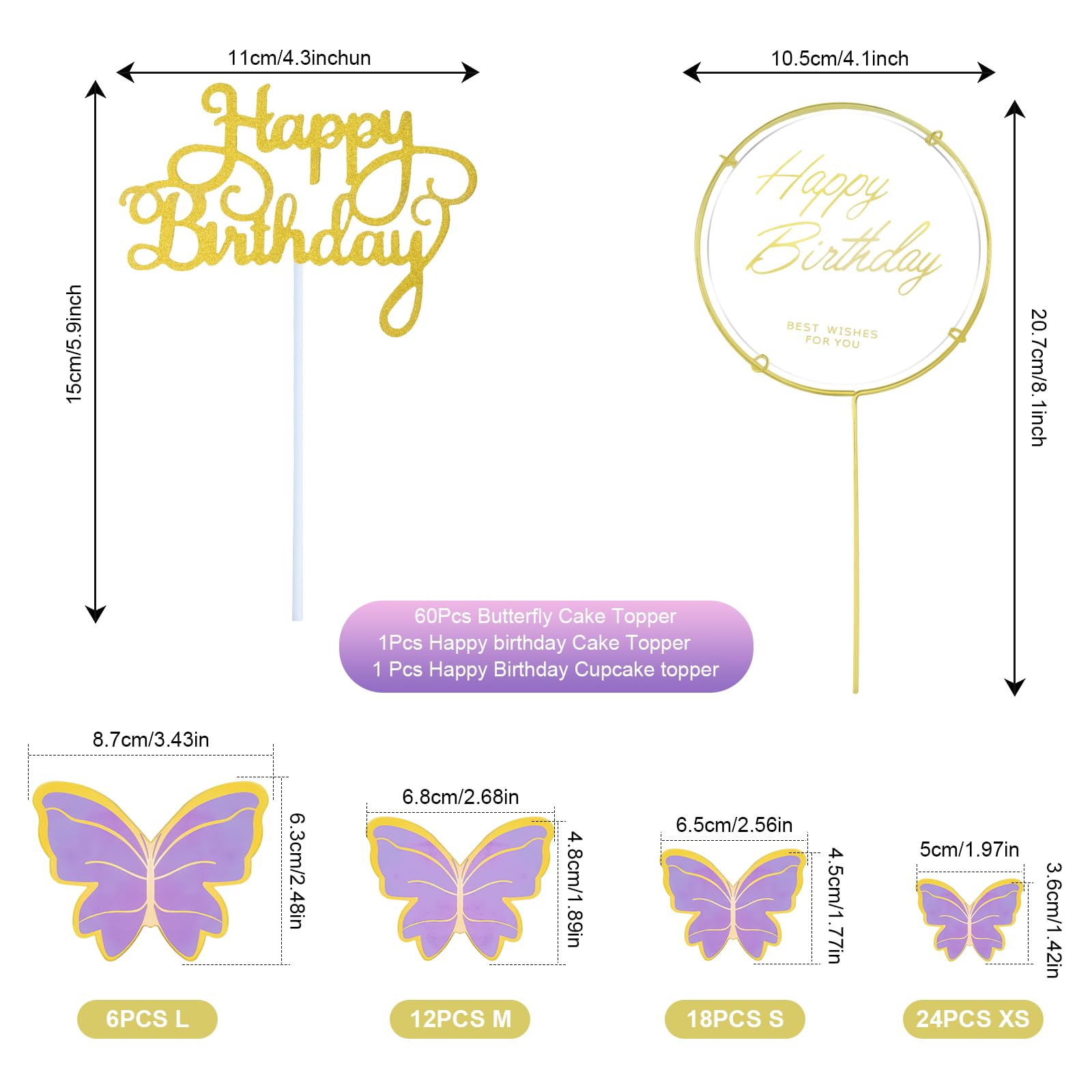 WOW DING 60Pcs Purple Gold 3D Butterfly Cupcake Toppers + 2 Happy Birthday Toppers