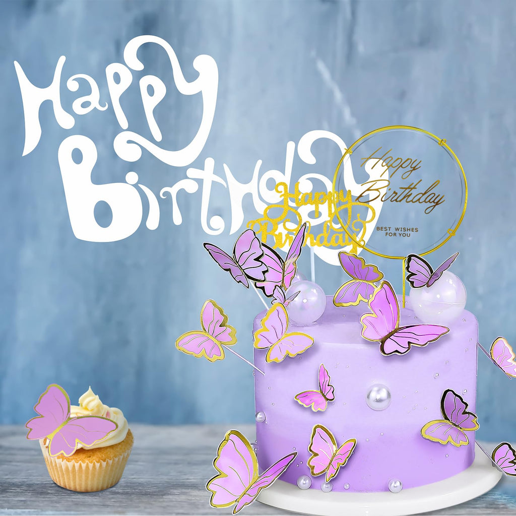 WOW DING 60Pcs Purple Gold 3D Butterfly Cupcake Toppers + 2 Happy Birthday Toppers