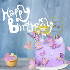 WOW DING 60Pcs Purple Gold 3D Butterfly Cupcake Toppers + 2 Happy Birthday Toppers
