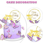 WOW DING 60Pcs Purple Gold 3D Butterfly Cupcake Toppers + 2 Happy Birthday Toppers