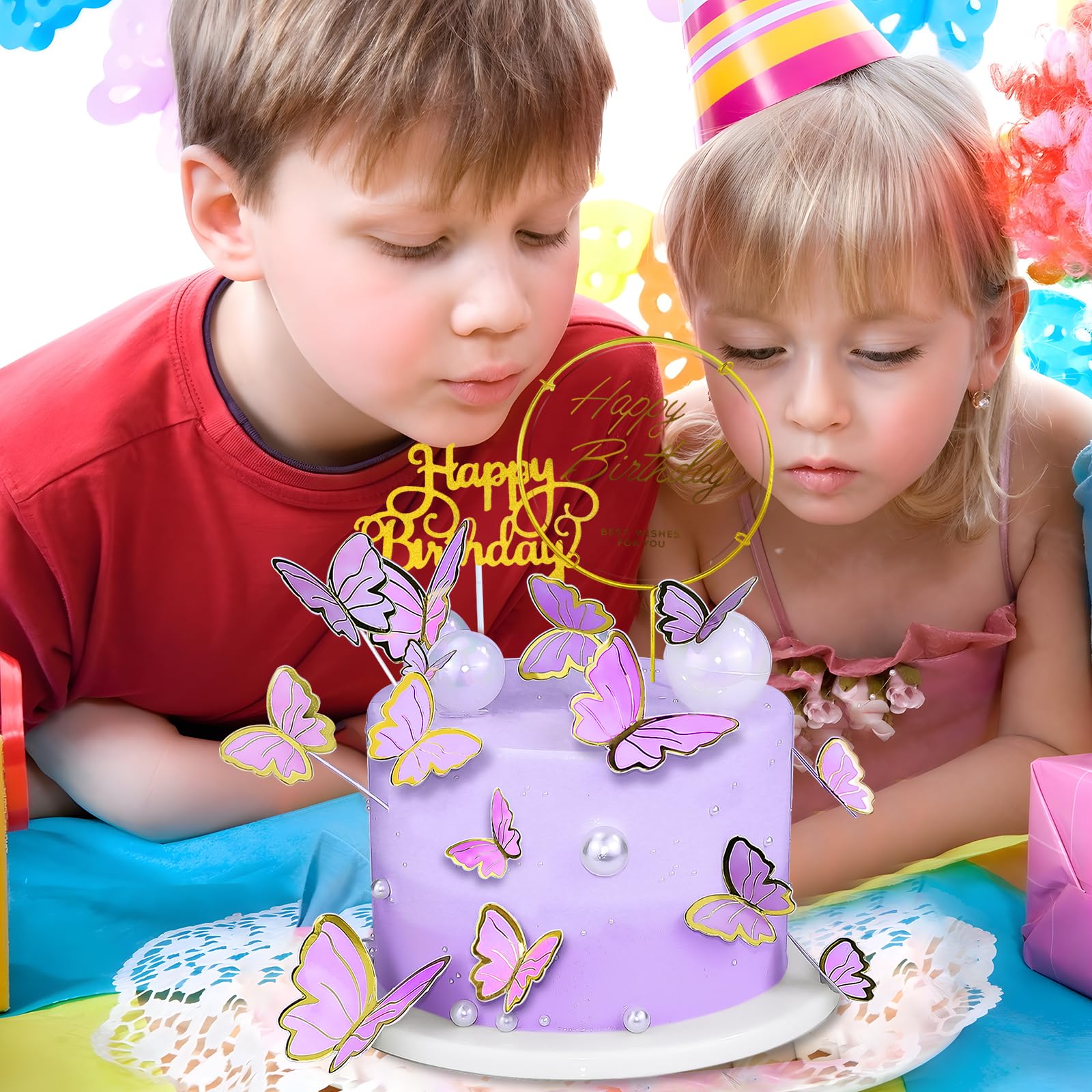 WOW DING 60Pcs Purple Gold 3D Butterfly Cupcake Toppers + 2 Happy Birthday Toppers